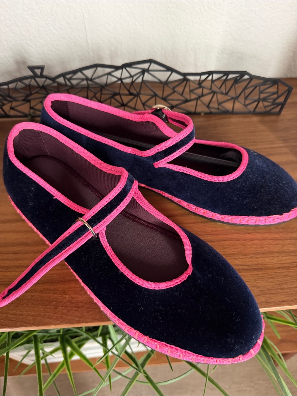 Women’s Navy Velvet Mary Janes with Hot Pink Trim